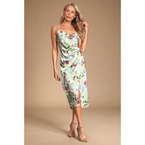 Lulus Hollywood Woman Sage Green Floral Print Satin Midi Dress - Size S